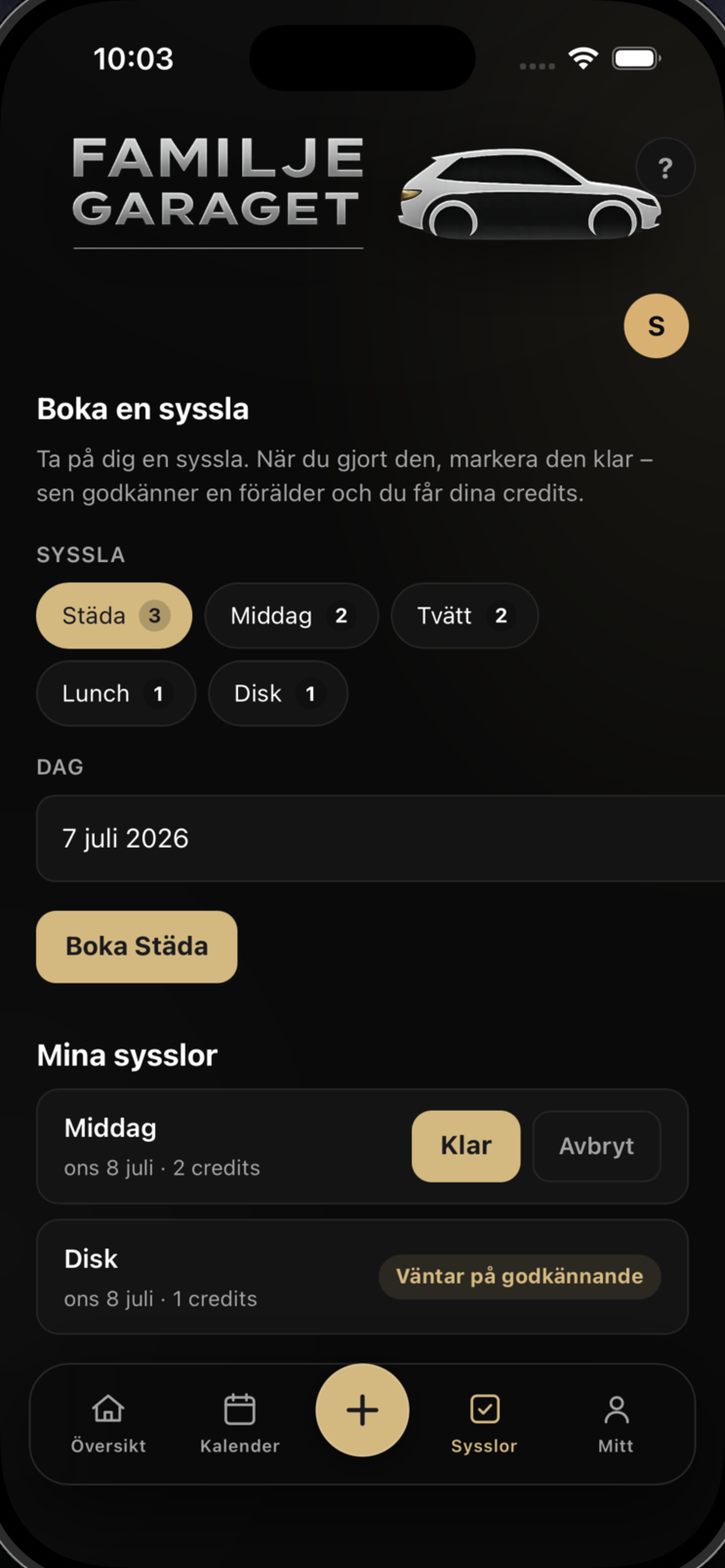 Familjegaraget — boka en syssla och tjäna credits