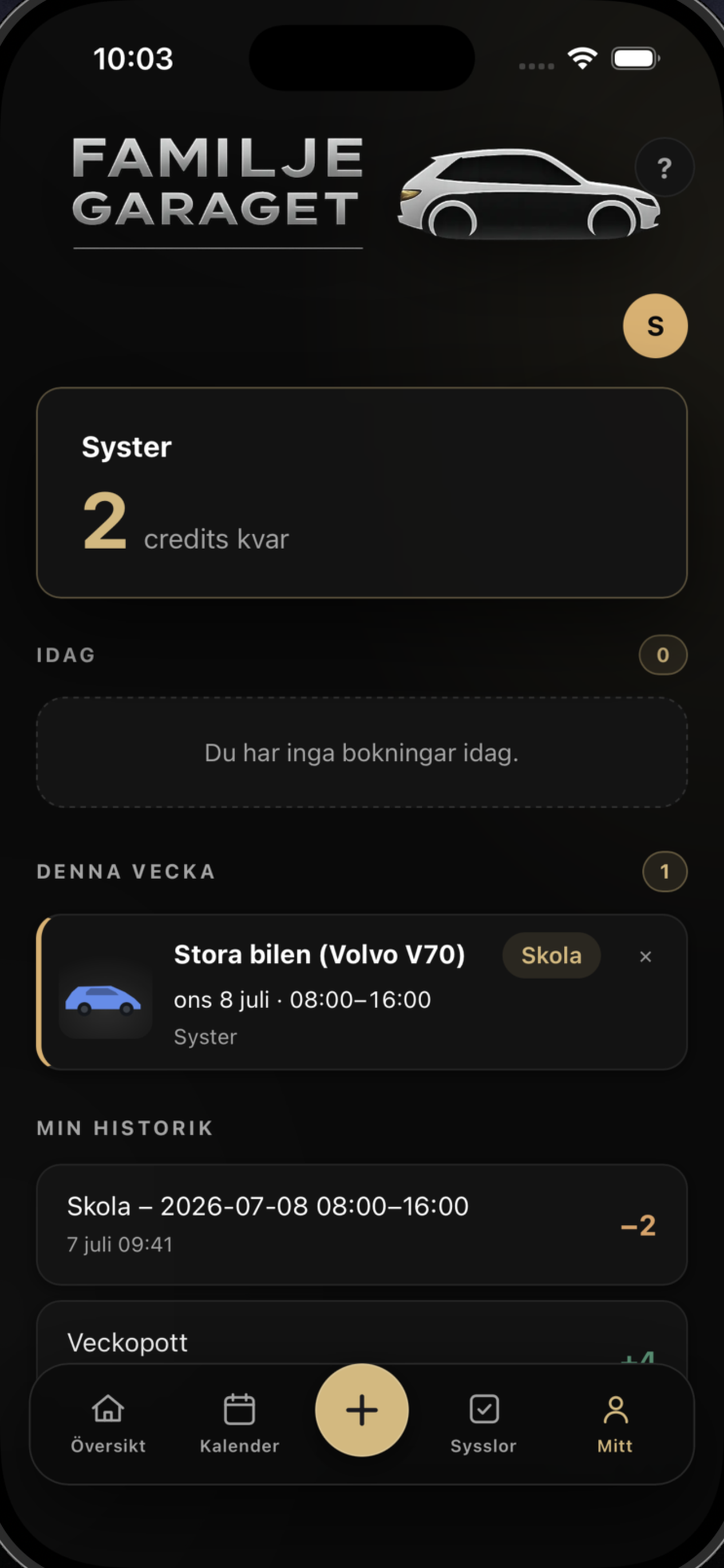 Familjegaraget — mina credits och historik