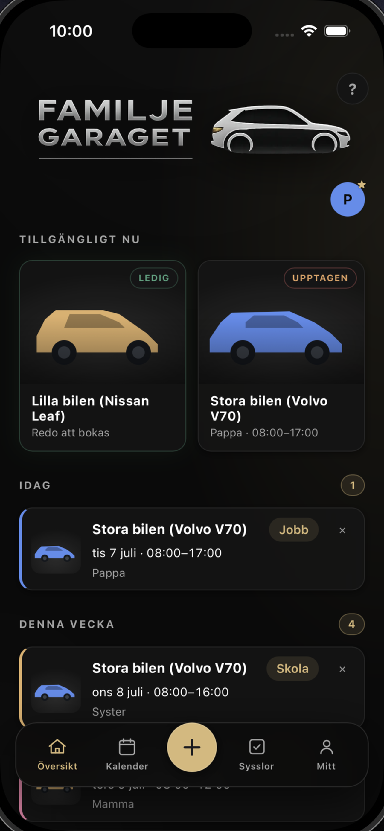 Familjegaraget — översikt med familjens bilar och dagens bokningar