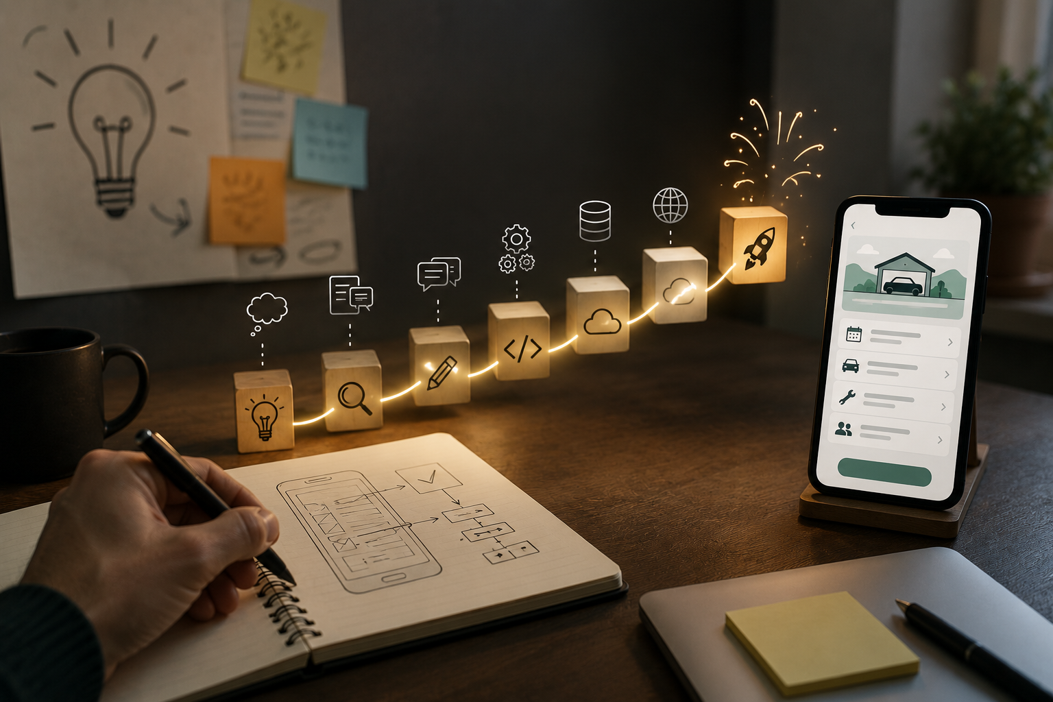 Skiss av en app-wireframe i ett anteckningsblock, träklossar med ikoner som bildar en utvecklingsresa från idé till lansering, och en mobil som visar den färdiga appen.